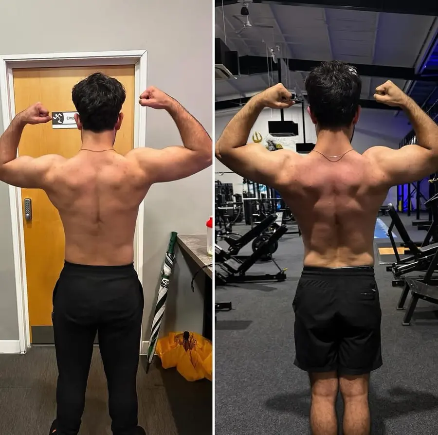 Client back and shoulder muscle gain transformation before and after